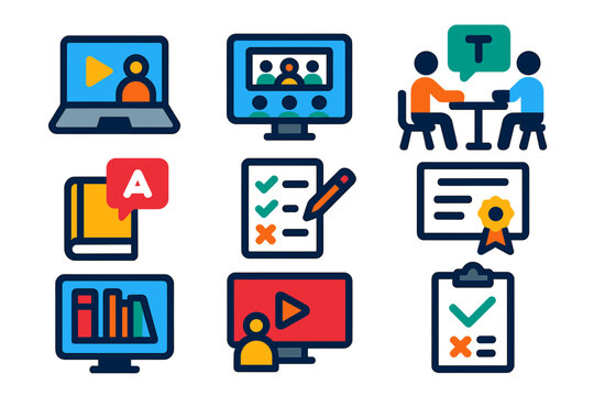 Educational Service Icons. Flat vector icons of educational services: online courses, virtual classroom, tutoring session,