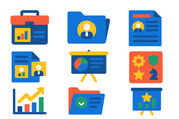 Bold Business Icons. Flat vector icons of business and work portfolios: project case icon, business profile folder, professional