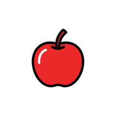 A simple bold graphic illustration of a red apple with a stem isolated on white background
