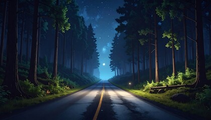 A long, straight road winds through a dark forest, illuminated by a soft moonlight and starlight in the night sky
