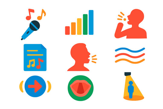 Vocal Music Icons. Flat vector icons of vocal music: microphone with notes, vocal range chart, warm-up exercise, lyric sheet,