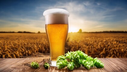 Beer Glass With Hops And Barley In The Brewery