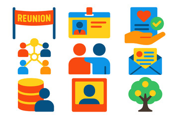 Alumni Relations Icons. Flat vector icons of alumni relations: reunion banner, alumni card, donation pledge, networking event,