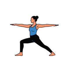Woman in warrior two pose practicing yoga stance with arms extended isolated on white background