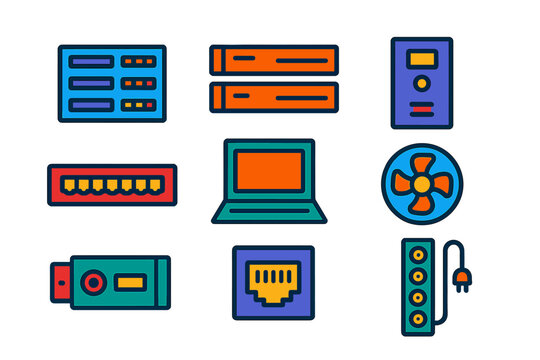 Modern Server Hardware Icons. Flat vector icons of server hardware: rack server, blade server, UPS unit, network switch, KVM