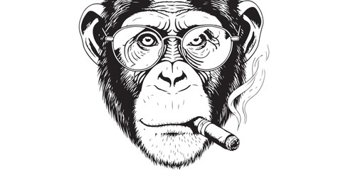 Sophisticated Ape Art Intellectual Chimpanzee Illustration with Glasses and a Cigar Funny Animal Drawing Unique Cool