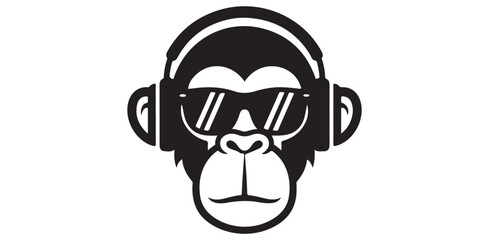 Cool Monkey in Sunglasses with Headphones Graphic Vector DJ Style Music Party Animal Illustration Icon Black and White