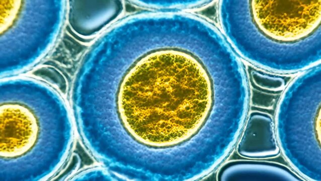 Vibrant Microscopic View of Cellular Structures with Blue and Yellow Elements