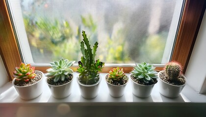 A Beautiful Display Of Various Succulents In White Pots Sitting On A Windowsill