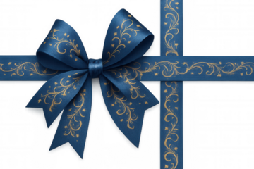 Ornate blue ribbon bow and decorative ties with gold floral swirls, wrapping a gift on a transparent background