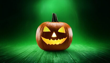 Glowing Green Halloween Banner With Pumpkin Isolated On Transparent Background