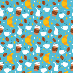 Coffee Beans and Croissant Seamless Pattern. Vector Illustration of Drink Cafeteria Flat Style Background. Espresso Cup, Milk Jar and Stars.