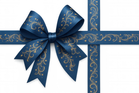 Ornate blue ribbon bow and decorative ties with gold floral swirls, wrapping a gift on a transparent background