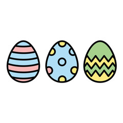 Three decorative easter eggs featuring stripes dots and zigzag patterns isolated on white background