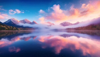 Breathtaking Pastel Colored Mountains Reflected In Calm Water Under A Dreamy Sky Serene Landscape With Mist Clouds And Glowing Peaks In Soft Light Evoking Peace And Natural Beauty