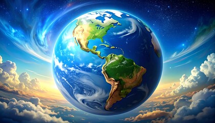 Earth from above, surrounded by clouds and swirling light