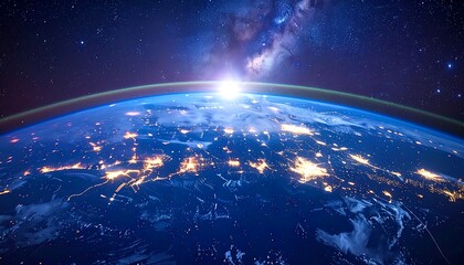 Earth from space, lit city lights, Milky Way