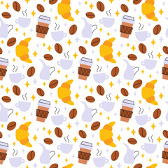 Croissant and Coffee Beans Seamless Pattern. Vector Illustration of Drink Cafeteria Flat Style Background. Espresso Cup, Milk Jar and Stars.