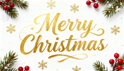 Gold Merry Christmas text with snowflakes and red berries on white background