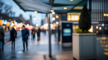 Modern digital screen at a city bus stop showing futuristic data visualizations and analytics, with blurred pedestrians walking by on the sidewalk during a cool evening in an urban environment - Powered by Adobe