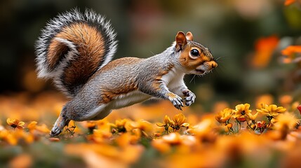 Squirrel leaping amidst flowers