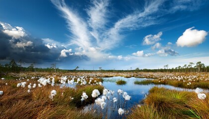Blue Stormy Sky Over Swamp With Cotton Grass