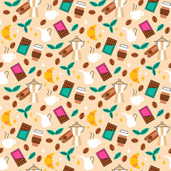 Coffee Beans Time Seamless Pattern. Vector Illustration of Drink Cafeteria Flat Style Background. Espresso Cup, Mint Leaf, Cinnamon, Milk Jar, Chocolate, Croissant and Stars.