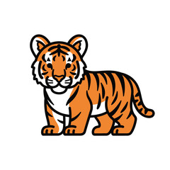 Cute cartoon tiger cub with orange fur and black stripes isolated on white background