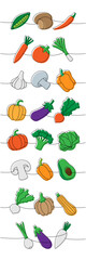 Fresh vegetables one line colored continuous drawing. Potato, chili pepper, carrot, tomato, garlic bulb, mushroom, bell pepper, avocado, pumpkin