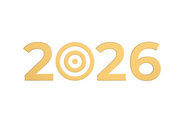 Golden number 2026 and target icon isolated on white, PNG. Concept of success, growth and achievement of goals in the new year 2026.