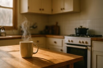Serene morning kitchen scene ideal for wellness or home lifestyle content with ample text space.