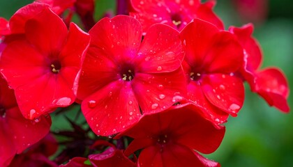 Close-up of vibrant red phlox flowers covered in raindrops