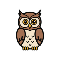 A cute cartoon owl with big yellow eyes and brown feathers isolated on white background