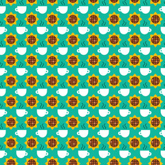Coffee Sunflower Seamless Pattern. Vector Illustration of Drink Cafeteria Flat Style Background. Flower and Espresso Cup.