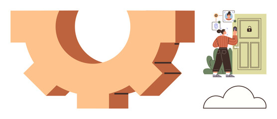 Woman using facial recognition on a secure digital door, surrounded by tech-inspired elements thumbs up gears and clouds. Ideal for technology, security, access, innovation, privacy, automation, data