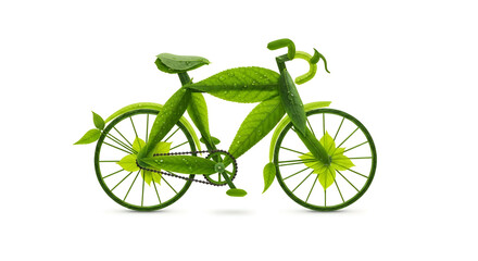 A bicycle made entirely of fresh green leaves on a white background