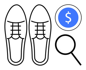 Pair of shoes accompanied by magnifying glass and coin representing footwear pricing, quality review, shopping choices, fashion analysis, retail strategy, market research, simple flat metaphor