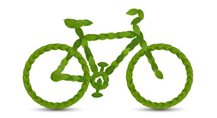 A bicycle made entirely of fresh green leaves on a white background