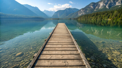 Tranquil Lake Scene with Dock Under Clear Blue Sky and Mountains