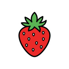 A simple red strawberry with green leaves and white seeds isolated on white background