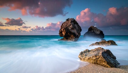 A long-exposure shot capturing an ocean scene at dusk. Rocks in the water, with blurred wave movement, under a colorful sky