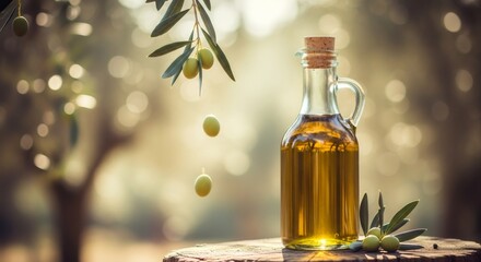 Fresh green olives falling from a branch near a bottle of extra virgin olive oil. Rustic still life in a sunny olive grove. Healthy Mediterranean diet and natural food concept.