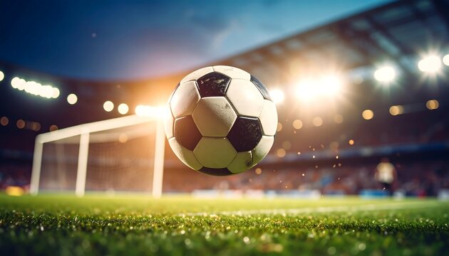 Soccer Ball Flying Over a Stadium Field During Game