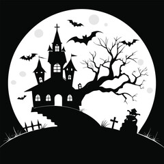 Spooky haunted house silhouette with bats flying in front of a full moon vector illustration for Halloween themed designs isolated on black background