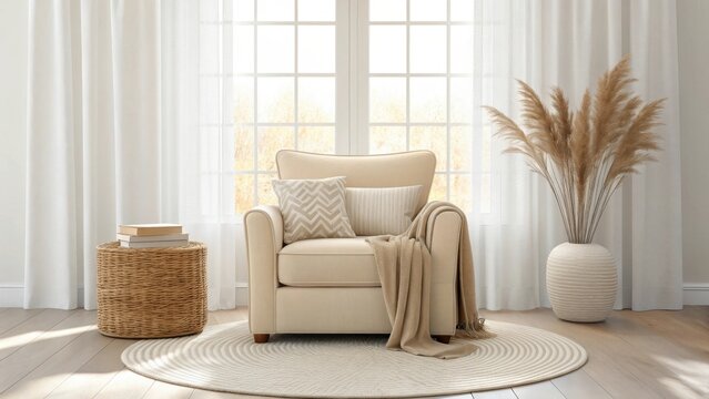 Cozy and inviting armchair with plush cushions and a soft throw blanket in a sunlit room