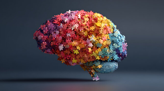 A vibrant brain made of colorful maple leaves symbolizes creativity, autumn, and the power of the mind in a conceptual and artistic representation