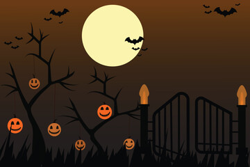 Halloween Night with Pumpkins, Haunted Trees, Moon and Bats