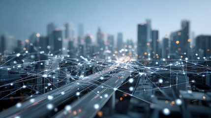 Futuristic cityscape with a network of connections, representing the interconnectedness of modern urban life and technological advancement in a smart city