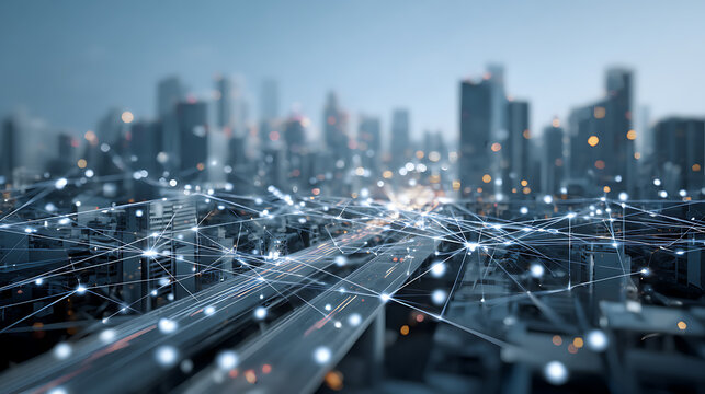 Futuristic cityscape with a network of connections, representing the interconnectedness of modern urban life and technological advancement in a smart city