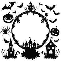 Halloween silhouette vector set including bats pumpkins and haunted houses perfect for spooky designs and holiday themes